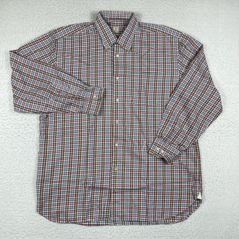 Peter Millar Button Down Shirt Mens XL Red Blue White Plaid Long Sleeve Pocket